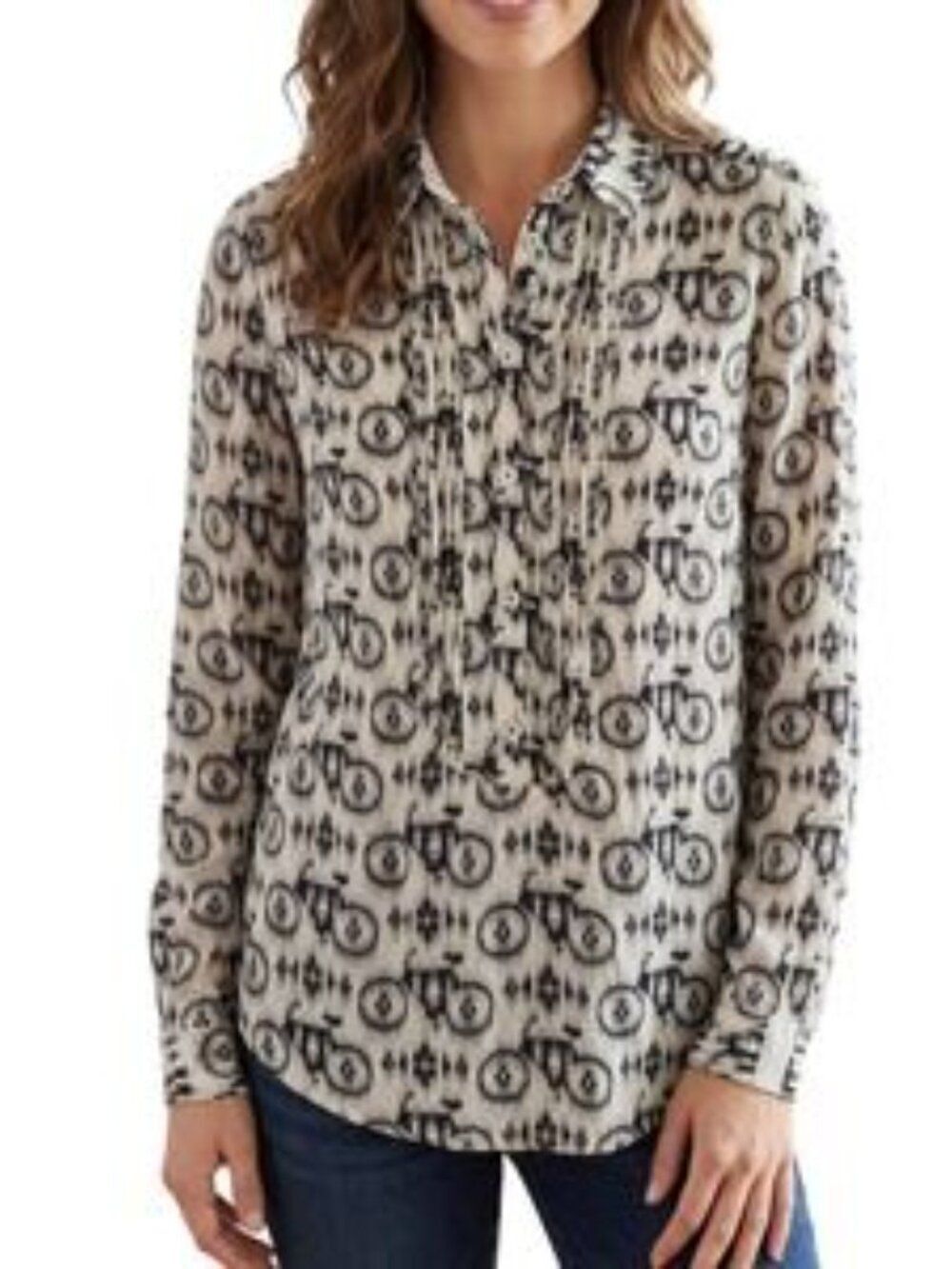 Anthropoligie Maeve Bicycle Print Size 8 Button Up Pleated Long Sleeve Shirt